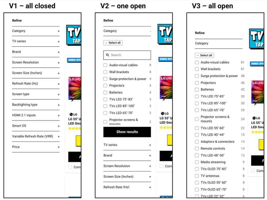 Variations V1 all closed, V2 one open, V3 all open